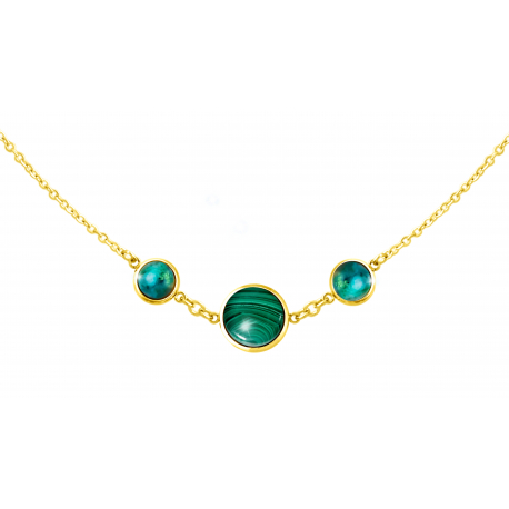 Collier acier doré 3 cabochons 11 et 8mm - Malachite et Zoïzite - 42/45cm